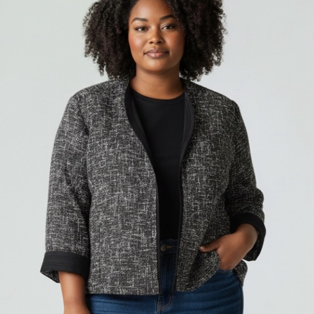 Talbots Black and White Heather Boucle Textured Jacket in size 16 W petite